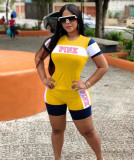 Pink Letter Print Patchwork Two Piece Shorts Set FSL-092