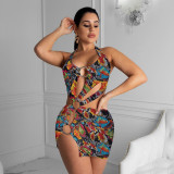 Sexy Printed Halter Hollow Out Mini Dress BGN-042