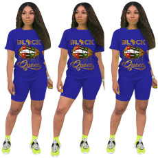 Plus Size 4XL Lips Letter Print Two Piece Shorts Set FSL-090