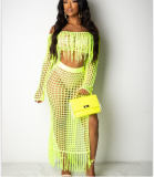 Grid Tassel Off Shoulder Split Long Skirt Sets TR-938