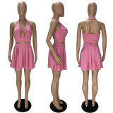 Sexy Solid Color Sleeveless Top And Pleated Skirt  Two Piece Sets XYF-9096