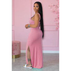 Solid Sleeveless Straps Split Maxi Dress HMS-5458