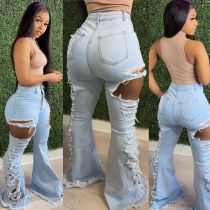 Denim Ripped Hole High Waist Flare Jeans Pants LA-3268