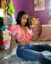 Sexy Printed V Neck Tie Up Short Sleeve Crop Top WSYF-5826