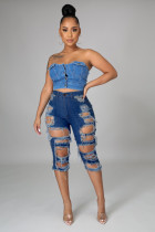 Denim Ripped Hole High Waist Half Lenghth Jeans LA-3267