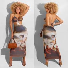 Sexy Printed Halter Backless Maxi Dress OLYF-6053