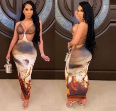 Sexy Printed Halter Backless Maxi Dress OLYF-6053