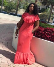 Plus Size Solid Ruffles O Neck Maxi Dress WAF-7179