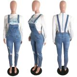 Denim Ripped Hole Strap Jeans Jumpsuit LX-5520