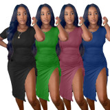 Solid Short Sleeve Drawstring Ruched Split Midi Dress OMY-0021