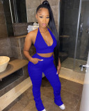 Solid Halter Backless Crop Top Stacked Pants 2 Piece Sets YNSF-1633