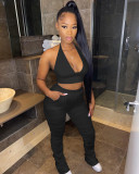 Solid Halter Backless Crop Top Stacked Pants 2 Piece Sets YNSF-1633