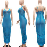 Sexy Sling Mesh See-through Ruched Long Club Dress NYF-8060
