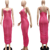 Sexy Sling Mesh See-through Ruched Long Club Dress NYF-8060