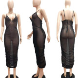 Sexy Sling Mesh See-through Ruched Long Club Dress NYF-8060