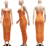 Sexy Sling Mesh See-through Ruched Long Club Dress NYF-8060
