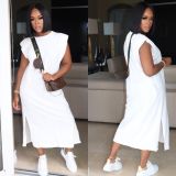 Solid Color Plus Size Casual Loose Round Neck Split Midi Dress BLX-8210