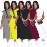 Solid Color Plus Size Casual Loose Round Neck Split Midi Dress BLX-8210
