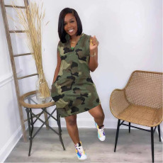 Plus Size Camo Print V Neck Sleeveless Mini Dress JRF-3620