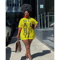 Plus Size Letter Print Short Sleeve Mini Dress FOSF-8079