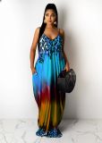 Leopard Gradient Printed Pocket Strap Maxi Dress MIL-222
