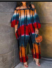 Plus Size Tie Dye Print Slash Neck Long Sleeve Jumpsuit BDF-8071