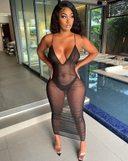 Black Mesh See Through Ruched Long Club Dress With Underpants BDF-8073