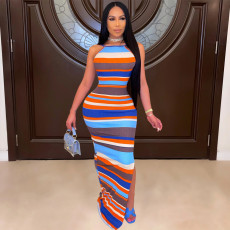 Colorful Striped Backless Split Maxi Dress BDF-8076