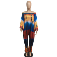 Plus Size Tie Dye Print Slash Neck Long Sleeve Jumpsuit BDF-8071