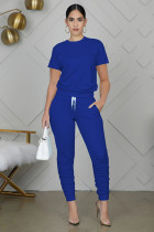 Solid Short Sleeve Stacked Pants Two Piece Sets WY-6762