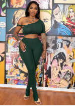 Solid One Shoulder Split Pants Two Piece Sets WY-6734