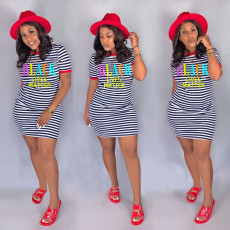 Plus Size Casual Striped Letter Print Short Sleeve Mini Dress SH-3808