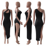 Sexy Solid Color Oblique Shoulder Split Dress NIK-246
