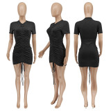 Solid Short Sleeve Ruched Slim Mini Dress WSYF-5876