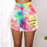 Plus Size Denim Tie Dye Ripped Hole Jeans Shorts SH-3846