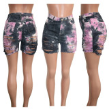 Plus Size Denim Tie Dye Ripped Hole Jeans Shorts SH-3846