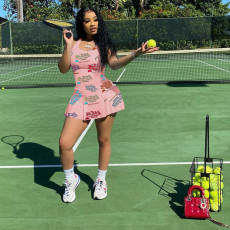 Letter Print Tennis Sleeveless Pleated Culottes Mini Dress YIBF-6085