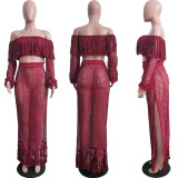 Plus Size Grid Hollow Out Tassel Two Piece Sets SH-3554
