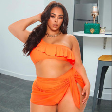 Plus Size Solid Ruffled One Shoulder Bikinis 3 Piece Sets LP-6297