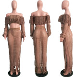 Plus Size Grid Hollow Out Tassel Two Piece Sets SH-3554