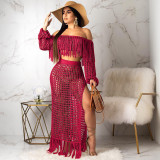 Plus Size Grid Hollow Out Tassel Two Piece Sets SH-3554