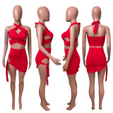 Sexy Solid Halter Hollow Bandage Mini Skirt 2 Piece Sets NIK-248