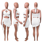 Sexy Solid Halter Hollow Bandage Mini Skirt 2 Piece Sets NIK-248