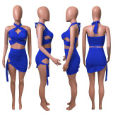 Sexy Solid Halter Hollow Bandage Mini Skirt 2 Piece Sets NIK-248