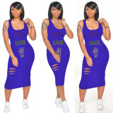 Fashion Casual Sleeveless Letter Print Hole Midi Dress BYMF-60005