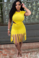 Solid Short Sleeve Tassel Skirt Two Piece Sets YM-9297