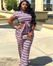 Plus Size Casual Striped Tie-Up 2 Piece Pants Set XMF-063