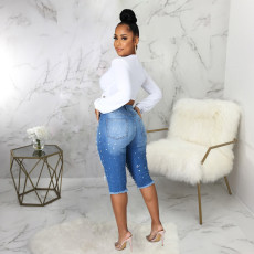 Plus Size Denim Ripped Hole High Waist Half Length Jeans HSF-2515