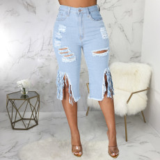 Plus Size Denim Ripped Hole Tassel High Waist Half Length Jeans HSF-2516