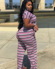 Plus Size Casual Striped Tie-Up 2 Piece Pants Set XMF-063